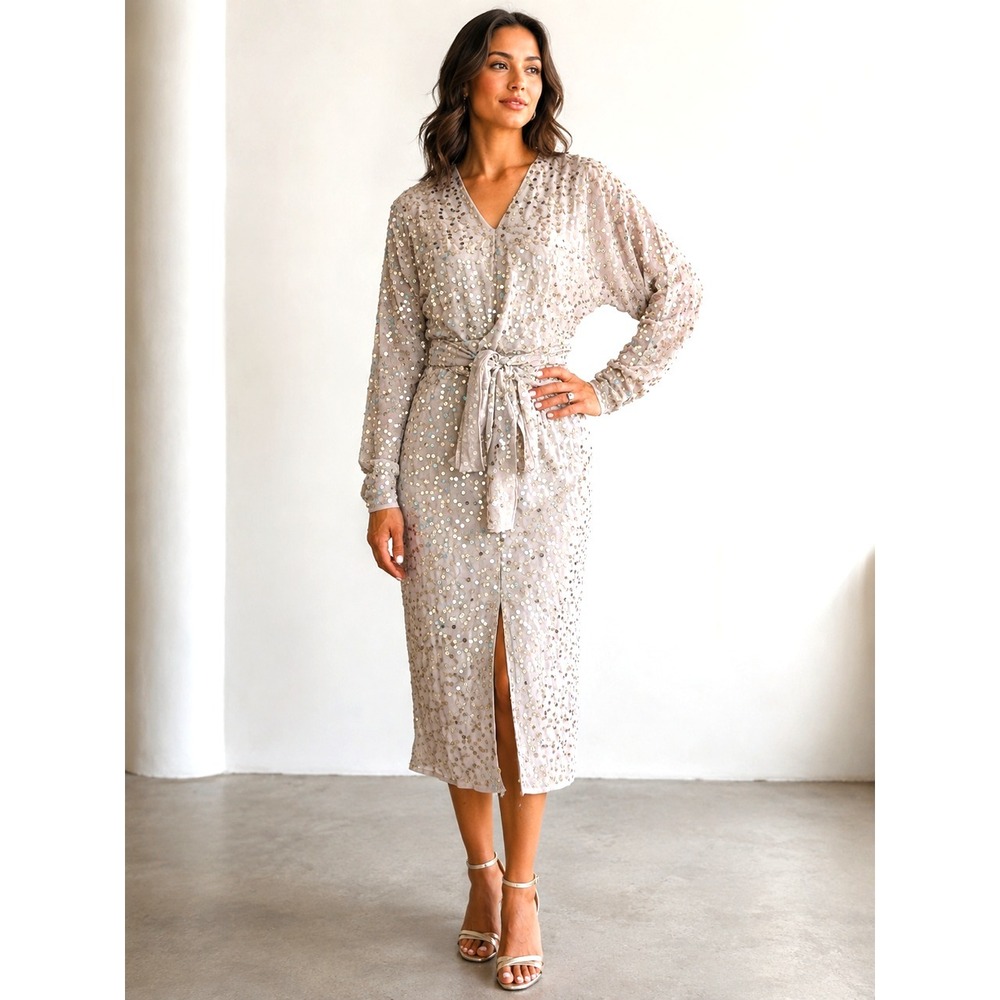 NWT ASOS DESIGN Scatter Sequin Batwing Midi Classy Dress Champagne Beige Women 6